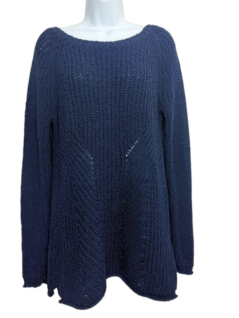 Maurices Navy Blue Boat Neck Open Knit Sweater Tunic Top SzL Cabincore Cozy